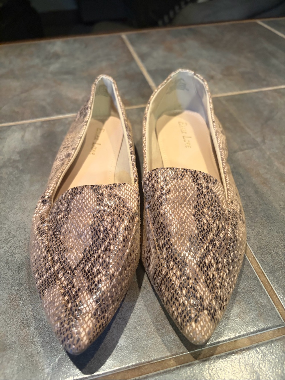 Essex Lane Taupe Snake-Print Pointed Slip-On Flats - size 7